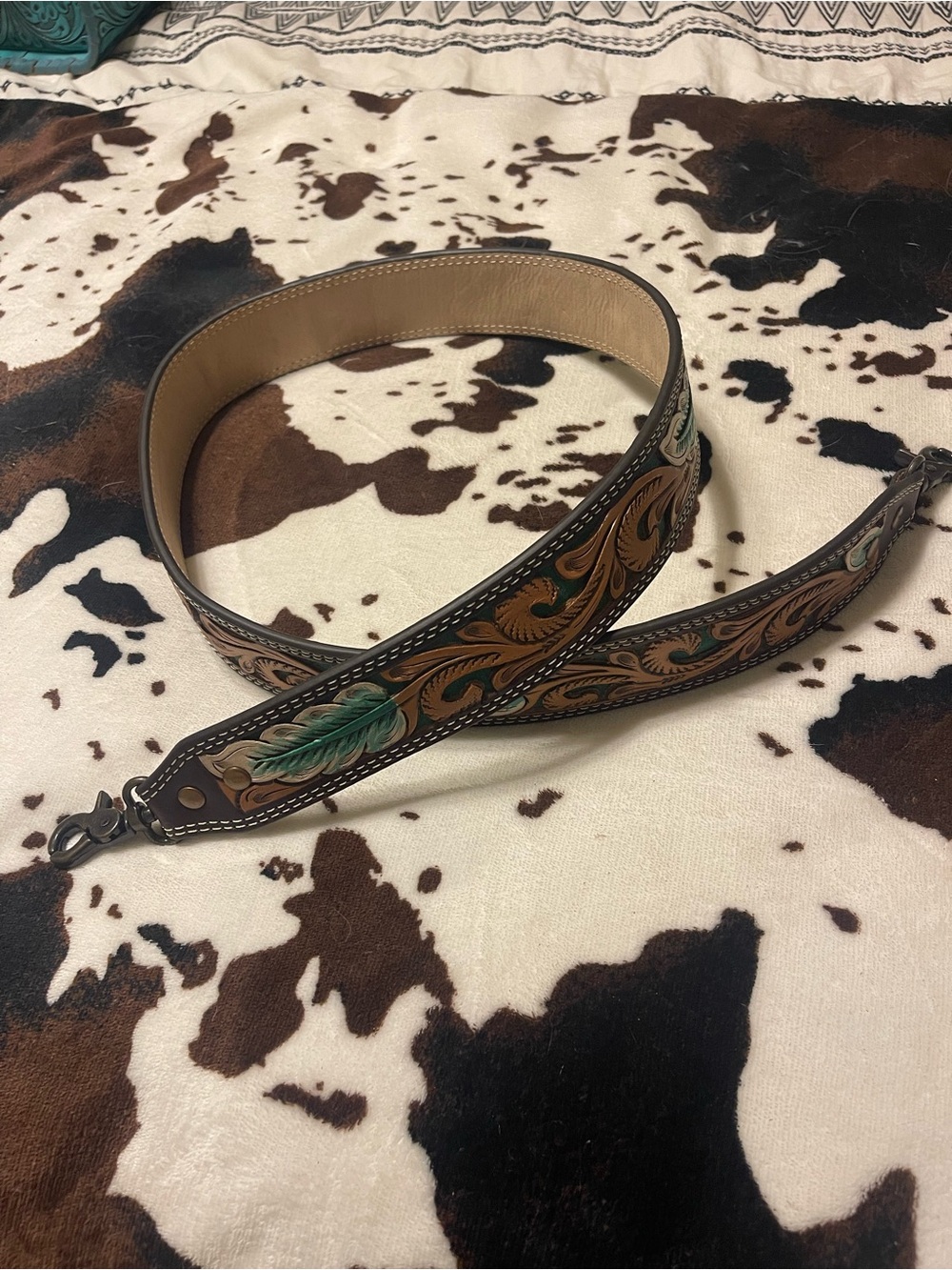 Hand-Tooled Leather Camera/Bag Strap with Green Feather Accent